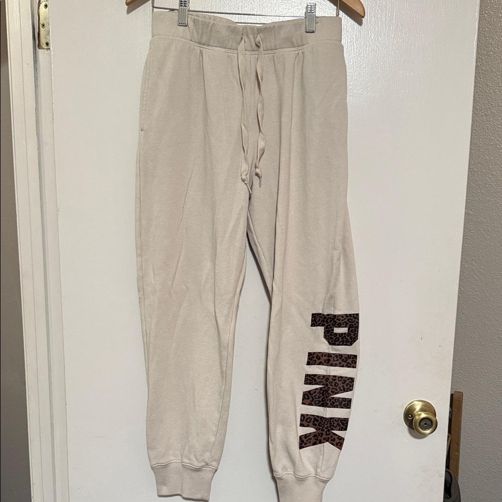 PINK Victoria's Secret Beige Joggers with Animal Print Logo sz M